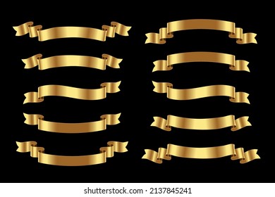 Gold luxury ribbons set. Vector golden design elements isolated on black background