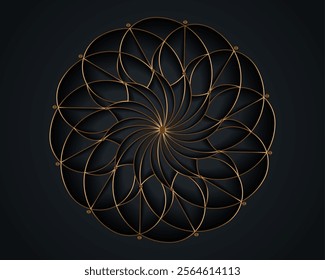 Gold Luxury Sacred Mandala template. Flower round design element isolated on black background. Circle pattern in golden color. Vector illustration for logo, monogram, web design, decoration, business