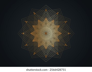 Gold Luxury Sacred Mandala template. Flower round design element isolated on black background. Circle pattern in golden color. Vector illustration for logo, monogram, web design, decoration, business