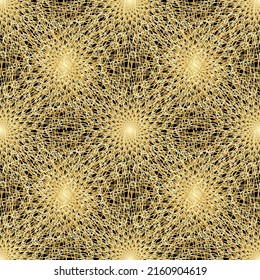 Patrón dorado sin fisuras sobre el fondo negro. Ilustración vectorial.	