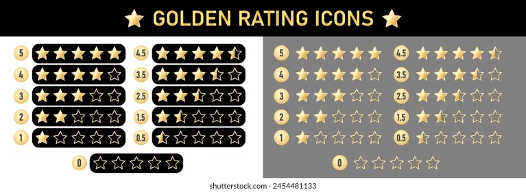 Gold luxury shiny icons. Product rating or customer review with gold stars and half star flat vector icons for apps and websites. Vector graphics svg