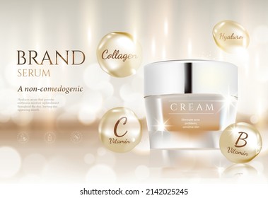 Gold luxury skincare and. cosmetic jars with a gold light effect on a gold background. Vector illustration