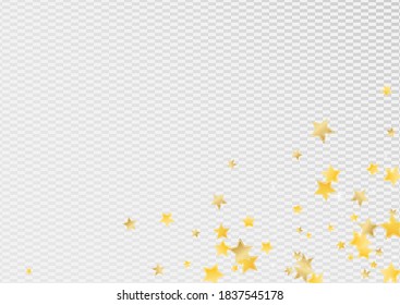 Gold Luxury Stars Vector Transparent Background. Falling Sky Texture. Shine Banner. Yellow Bright Starry Illustration.