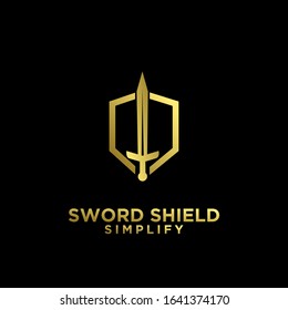gold luxury sword and shield logo icon design vector