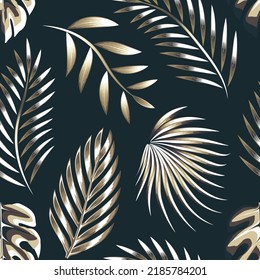 gold luxury tropical foliage seamless wallpaper pattern on pastel background. nature leaves ornament seamless pattern. monstera fern leaf elements. nature background. interior decoration. summer 