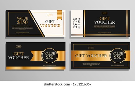 Gold luxury vouchers gift template set, coupon designs, certificates, ticket templates, ready to edit and use.