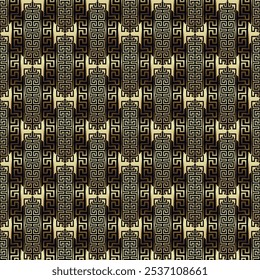 Gold luxury waffle greek style zigzag seamless pattern. Ornamental gold black zig zag background. Repeat vector backdrop. Beautiful abstract rhombus ornament with greek meander. Endless ornate texture