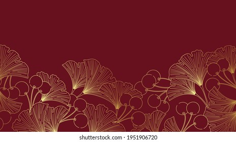 Gold luxury wallpaper line art ginkgo berries and leaves on a burgundy background with copy space