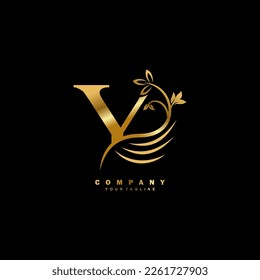 Gold luxury Y letter logo with beautiful floral and feather ornament. feather logo. Y typography, Y monogram. Suitable for business logos, brands, companies, boutiques, beauty logos, etc