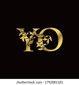 Gold Luxury Y and O, YO Letter Initial Logo Icon, Monogram Floral Leaf Logo Design.