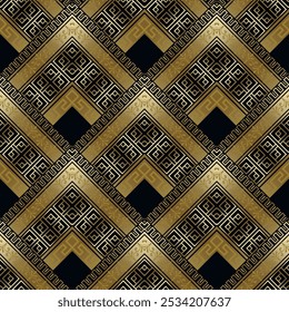 Gold luxury zigzag greek style modern 3d seamless pattern. Ornamental gold and black zig zag background. Repeat vector backdrop. Beautiful vintage ornaments with greek meander. Endless ornate texture.