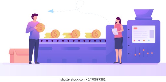 gold machine bitcoin dollar flat illustration