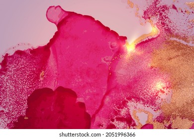 Gold and magenta abstract marble background with sparkles. Vector texture in alcohol ink technique with glitter. Template for banner, poster design. Fluid art painting