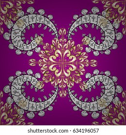 Gold magenta floral ornament in baroque style. Golden floral wallpaper. Seamless pattern. Damask background. Golden element on magenta background.