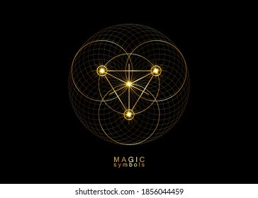 Símbolos de alquimia de oro, geometría sagrada. Religión, filosofía, espiritualidad, concepto de ocultismo. Triángulo lineal con líneas y círculos superpuestos, logotipo vectorial de impresión aislado en fondo negro 