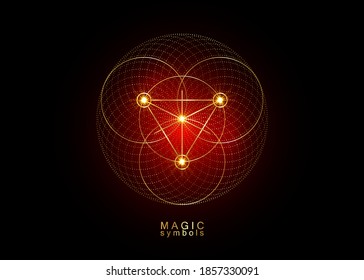 Gold Magic Alchemy symbols, Sacred Geometry. Religion, philosophy, spirituality, occultism concept. Linear triangle with lines and overlapping circles, print vector logo isolated on black background