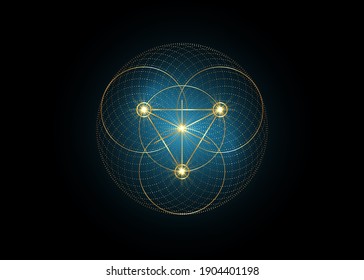 Gold Magic Alchemy symbols, Sacred Geometry. Religion, philosophy, spirituality, occultism concept. Linear triangle with lines and overlapping circles, print vector logo isolated on black background