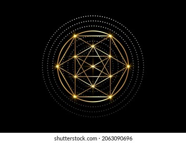 Gold Magic Alchemy symbols, Sacred Geometry. Religion, philosophy, spirituality, occultism concept. Linear triangle with lines and overlapping circles, print vector logo isolated on black background 