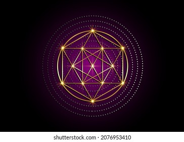 Gold Magic Alchemy symbols, Sacred Geometry. Religion, philosophy, spirituality, occultism concept. Linear triangle with lines and overlapping circles, print vector logo isolated on purple background 