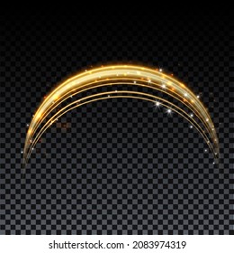 Gold magic arc. Abstract magic light effect. Luminous neon lines with flying lights