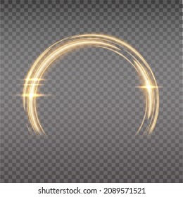 Gold magic arc. Abstract magic light effect. Luminous neon lines with flying lights