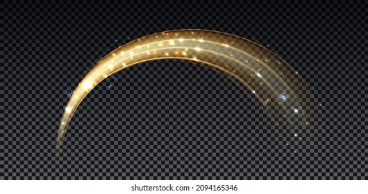 Gold magic arc. Abstract magic light effect. Luminous neon lines with flying lights