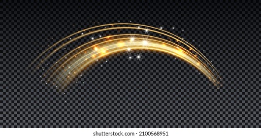 Gold Magic Arc. Abstract Magic Light Effect. Luminous Neon Lines With Flying Lights