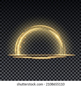 Gold magic arc. Abstract magic light effect. Luminous neon lines with flying lights