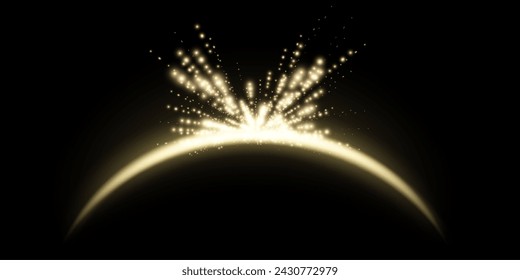 Gold magic arch with glowing particles, sunlight lens flare. Neon realistic energy flare arch.    
Abstract light effect on a black background. Vector illustration.