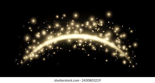 Gold magic arch with glowing particles, sunlight lens flare. Neon realistic energy flare arch.    
Abstract light effect on a black background. Vector illustration.