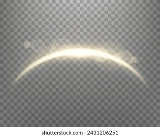 Gold magic arch with glowing particles, sunlight lens flare. Neon realistic energy flare arch.    
Abstract light effect on a transparent background. Vector illustration.