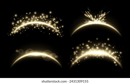 Gold magic arches set with glowing particles, sunlight lens flare. Neon realistic energy flare arch.    
Abstract light effect on a black background. Vector illustration.