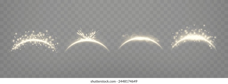 Gold magic arches set, with glowing particles, sunlight lens flare. Neon realistic energy flare arch.    
Abstract light effect on a transparent background. Vector illustration.