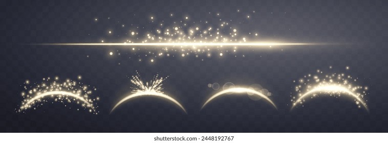 Gold magic arches set with glowing particles, sunlight lens flare. Neon realistic energy flare arch. Abstract light effect on a dark background. Vector illustration.