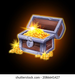 Gold magic chest, vector game treasure icon, pirate open full wooden trunk, shiny coin pile, iron lock. UI ancient corsair glow box, abundance win success badge, wealth concept. Gold chest clipart