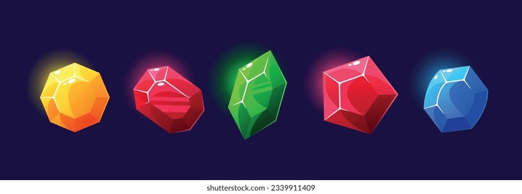 Gold Magic Crystals, Glass Or Gem Stones. Colorful Shiny Faceted Yellow, Red, Green, Ruby and Blue Glowing Rocks