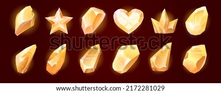 Gold magic crystals, glass or gem stones, heart, star, crown faceted and rough yellow glow rocks, isolated crystalline minerals. Game assets, 2d ui icons, gemstone graphic elements, Cartoon vector set
