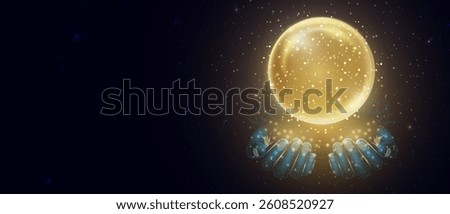 Gold magic fantasy sphere in hands. Crystal ball with glowing sparkles and particles. Energy orb with glow flare light effect. Isolated on transparent background. Vector illustration.