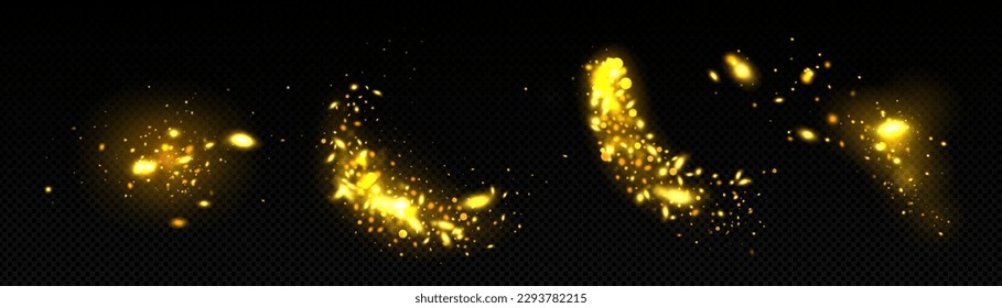 Gold magic firefly glitter shine effect vector set. Golden abstract sparkle with stardust texture isolated on transparent background. Flash glamour shimmer decoration with confetti particle spray