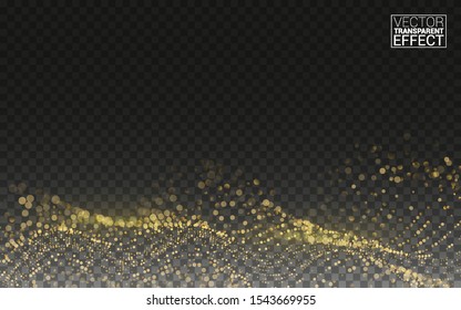 Gold Magic Glitter. Gold Glittering Star Dust Trail Sparkling Particles. 3d Wave Shaped Array of Blended Points. Vector Transparent Background.