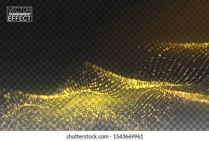 Gold Magic Glitter. Goldene Glitzerne Sternstaubbahn mit glänzenden Teilchen. 3d Wave Shaped Array of Blended Points. Vektortransparenter Hintergrund.