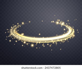 Gold magic glowing ring. Neon realistic energy flare halo ring. Abstract light effect on a dark transparent background. Vector illustration.