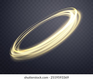 Ouro mágico brilhante anel. Anel de halo de energia realista Neon. Efeito de luz abstrata em um fundo transparente escuro. Ilustração vetorial.