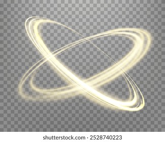 Ouro mágico brilhante anel. Anel de halo de energia realista Neon. Efeito de luz abstrata em um fundo transparente escuro. Ilustração vetorial.