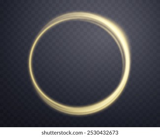 Gold magic glowing ring. Neon realistic energy flare halo ring. Abstract light effect on a dark transparent background. Vector illustration.