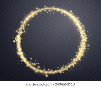 Gold magic glowing ring with glowing particles. Neon realistic energy flare halo ring. Abstract light effect on a dark transparent background. Vector illustration.