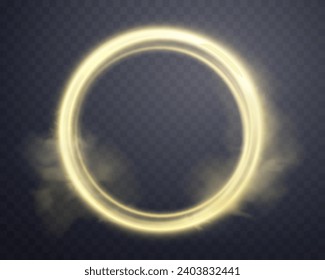 Gold magic glowing ring with smoke. Neon realistic energy flare halo ring. Abstract light effect on a dark transparent background. Vector illustration.