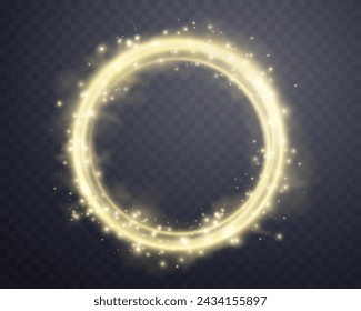 Gold magic glowing ring with smoke. Neon realistic energy flare halo ring. Abstract light effect on a dark transparent background. Vector illustration.