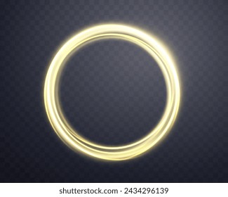 Gold magic glowing ring with smoke. Neon realistic energy flare halo ring. Abstract light effect on a dark transparent background. Vector illustration.