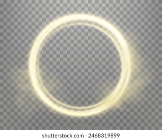 Gold magic glowing ring with smoke. Neon realistic energy flare halo ring. Abstract light effect on a transparent background. Vector illustration.